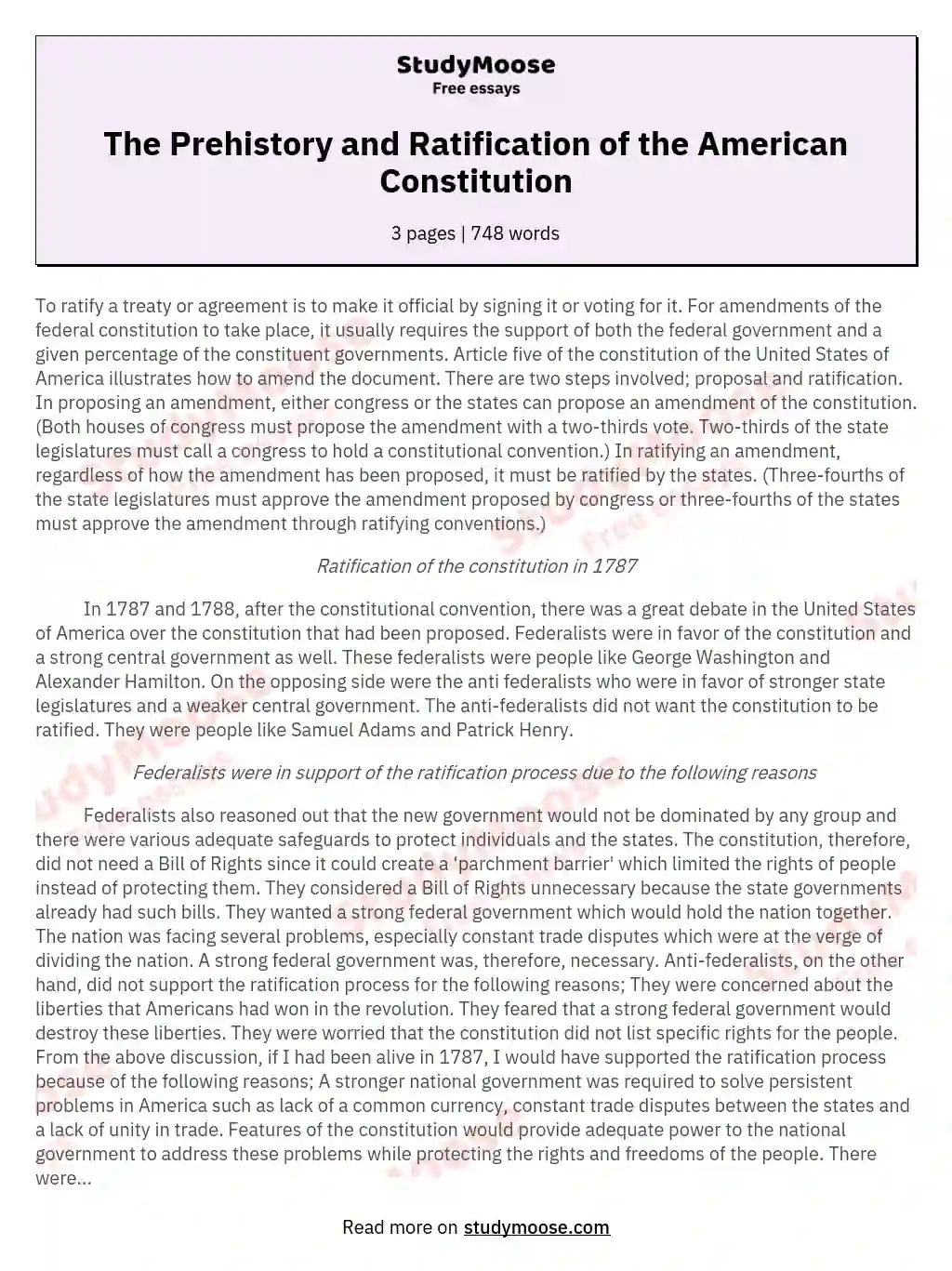 The Prehistory and Ratification of the American Constitution essay