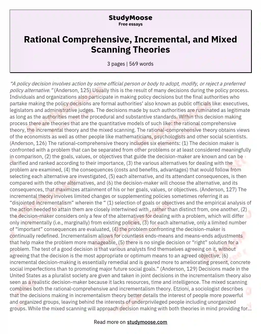 Rational Comprehensive, Incremental, and Mixed Scanning Theories essay