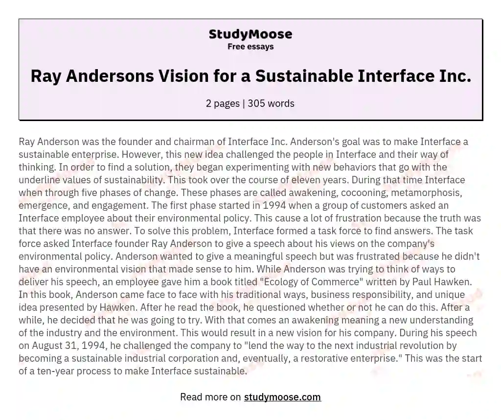 Ray Andersons Vision for a Sustainable Interface Inc. essay