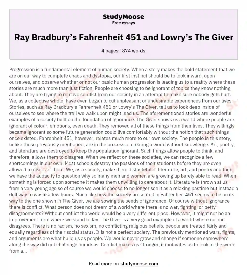 Ray Bradbury’s Fahrenheit 451 and Lowry’s The Giver essay