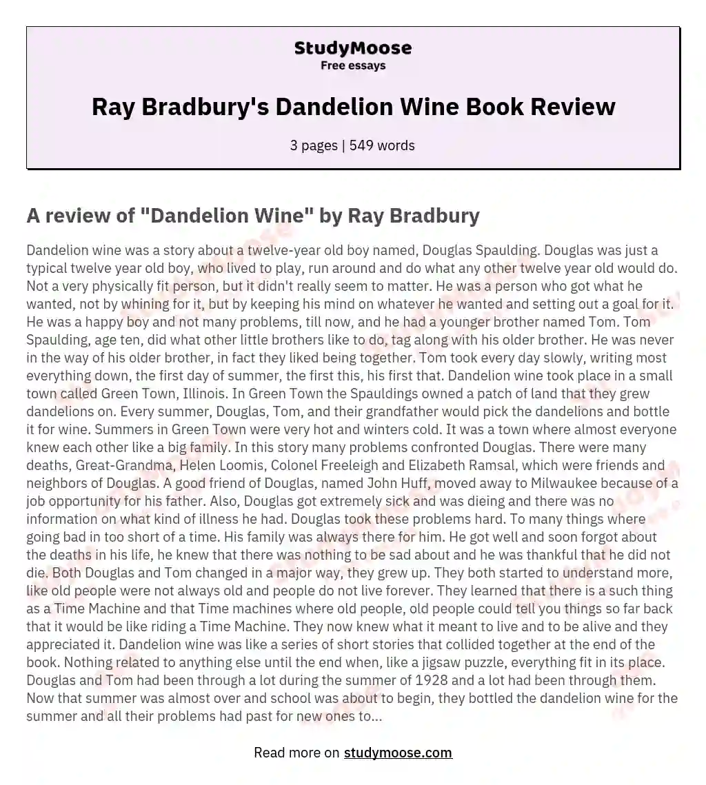 Ray Bradbury's Dandelion Wine Book Review essay