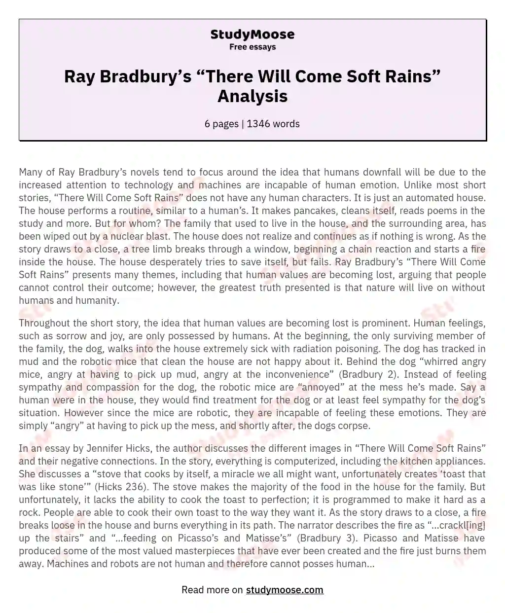 Ray Bradbury’s “There Will Come Soft Rains” Analysis essay