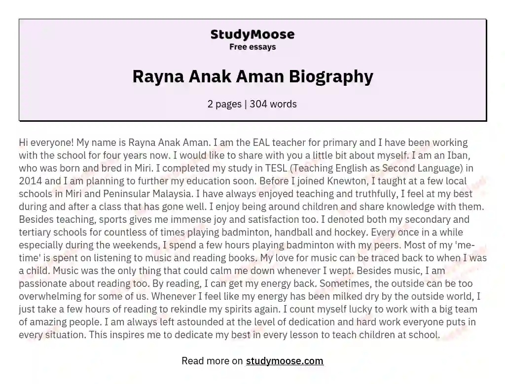 Rayna Anak Aman Biography essay
