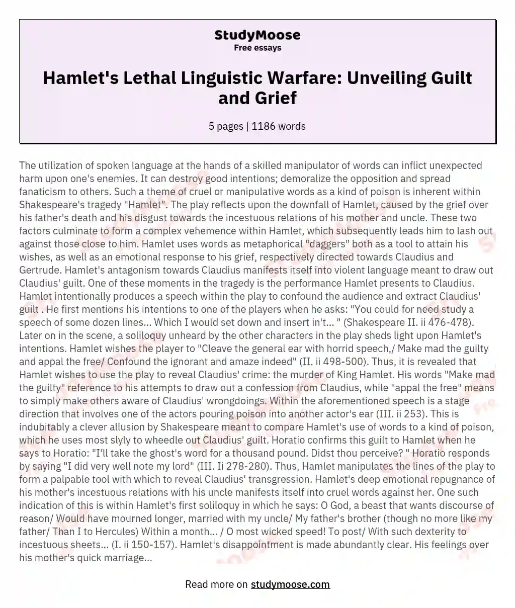 Hamlet's Lethal Linguistic Warfare: Unveiling Guilt and Grief essay