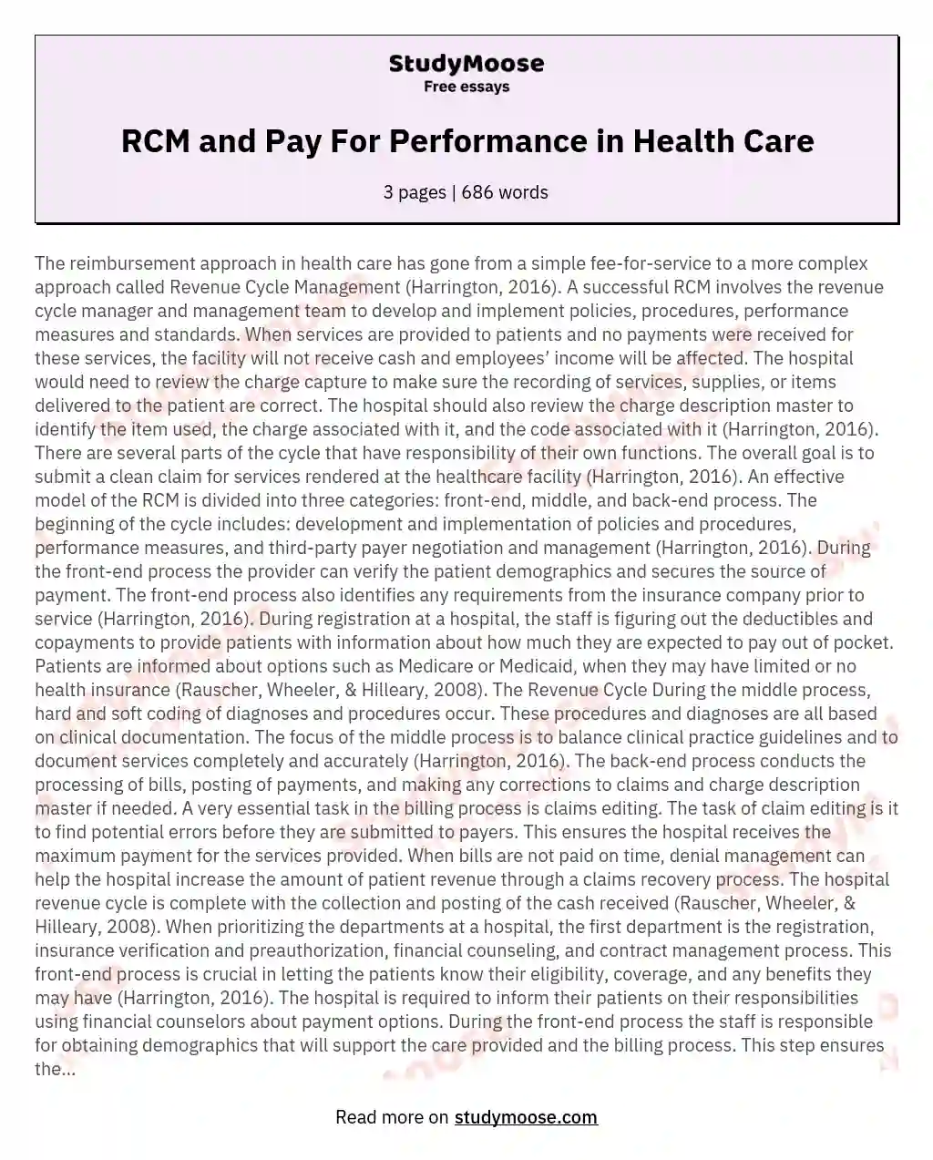 RCM and Pay For Performance in Health Care essay
