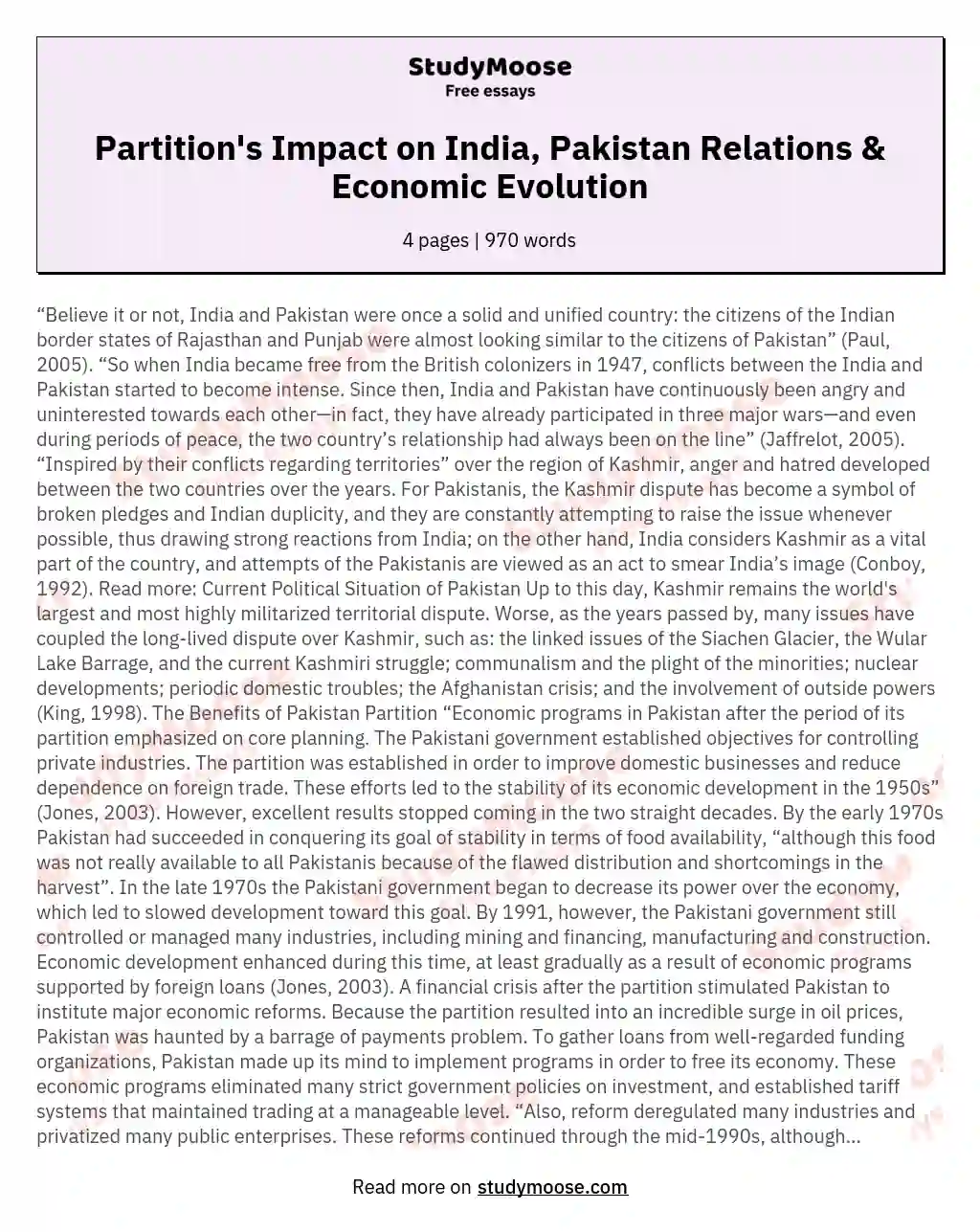 Partition's Impact on India, Pakistan Relations & Economic Evolution essay
