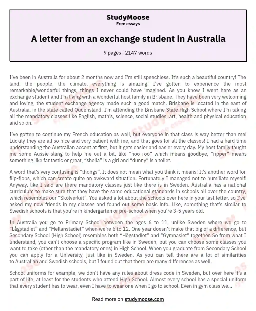 A letter from an exchange student in Australia essay