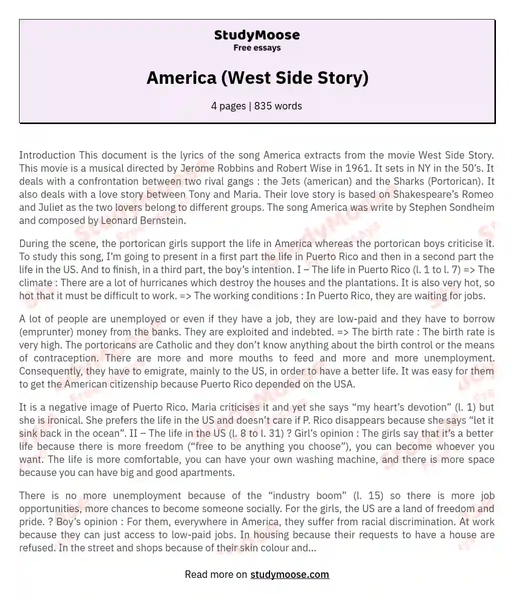 America (West Side Story) essay