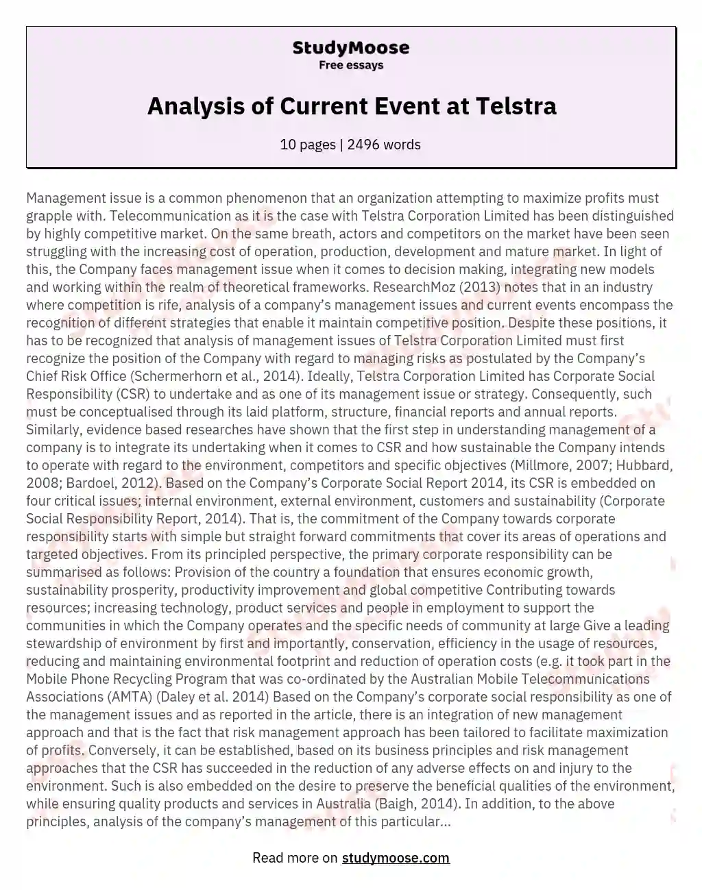 Analysis of Current Event at Telstra essay