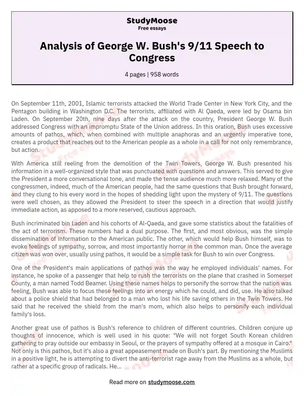 Analysis of George W. Bush's 9/11 Speech to Congress essay