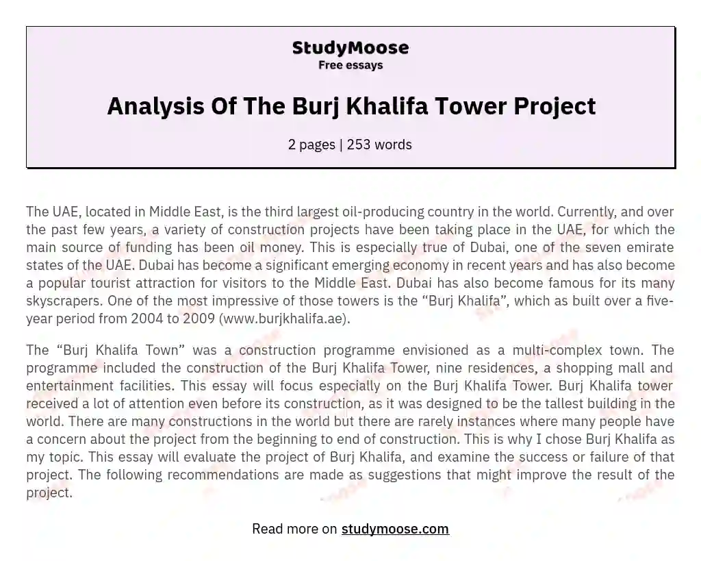 Analysis Of The Burj Khalifa Tower Project