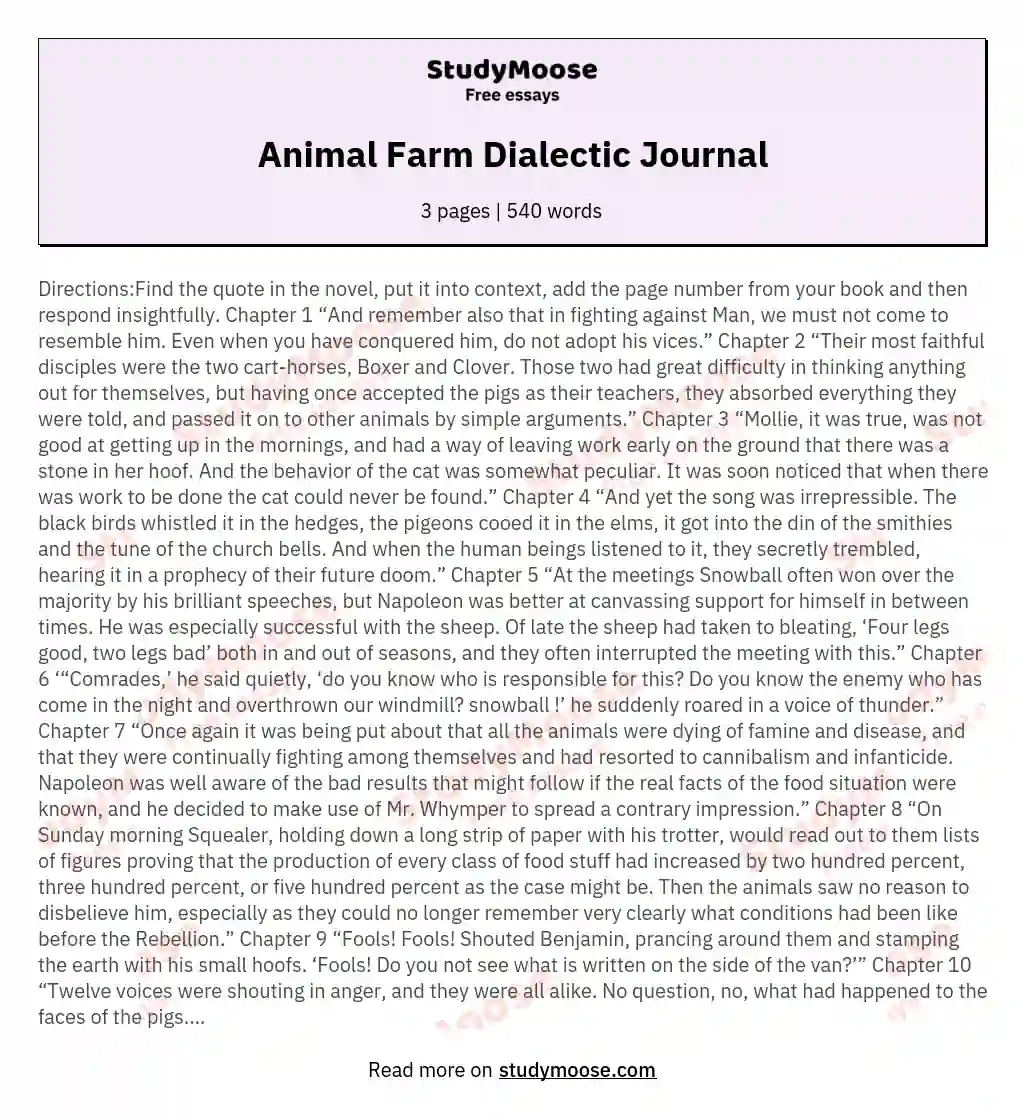 Animal Farm Dialectic Journal essay