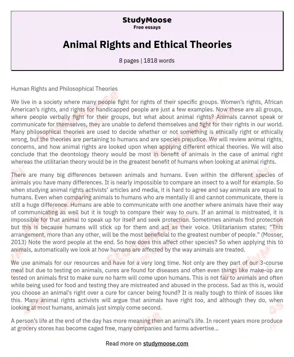 Animal Rights and Ethical Theories essay