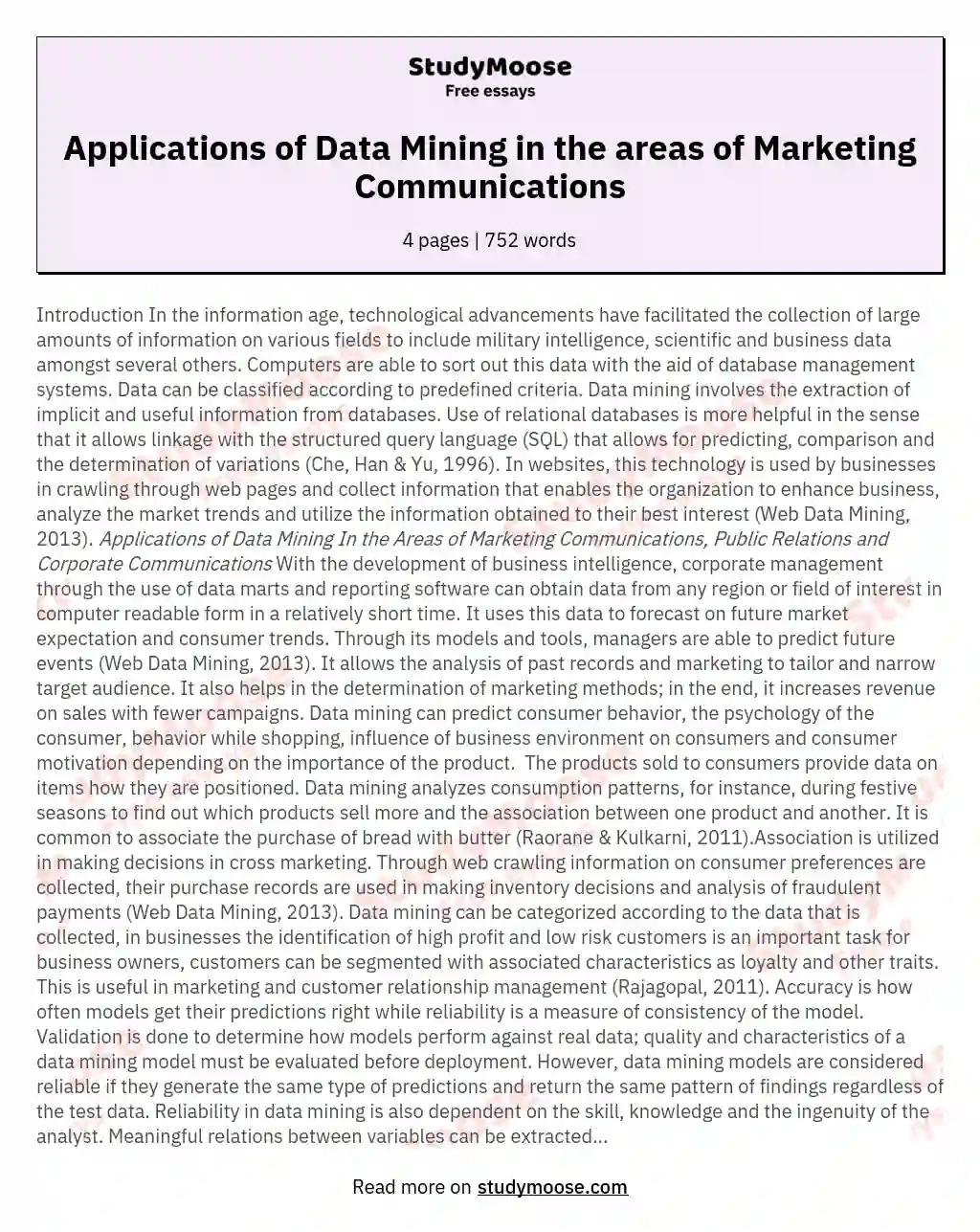 Applications of Data Mining in the areas of Marketing Communications essay