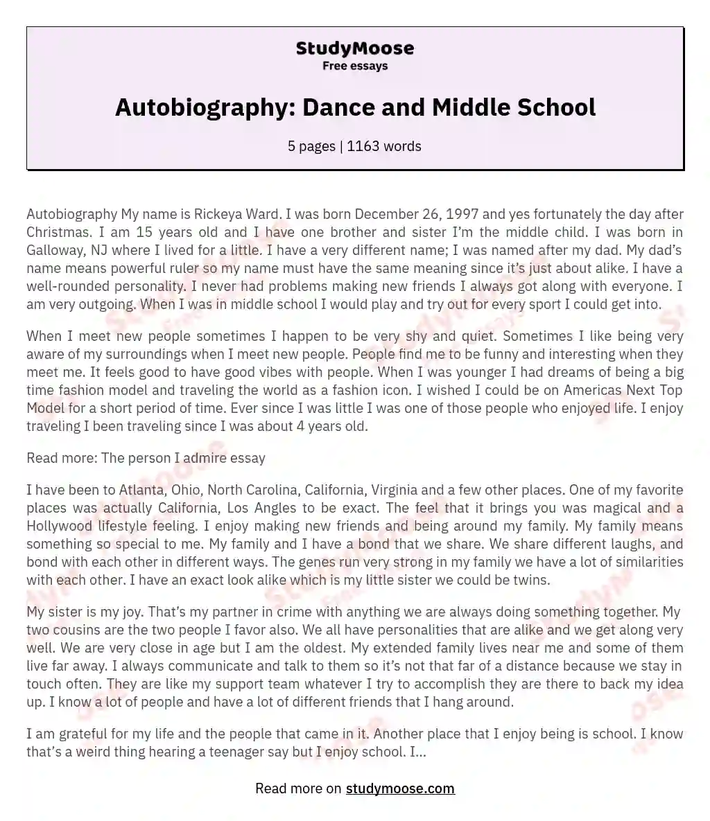 Autobiography: Dance and Middle School essay