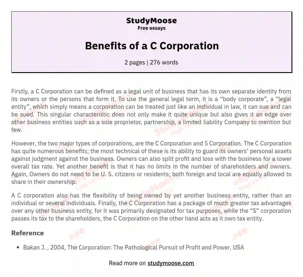 Benefits of a C Corporation essay