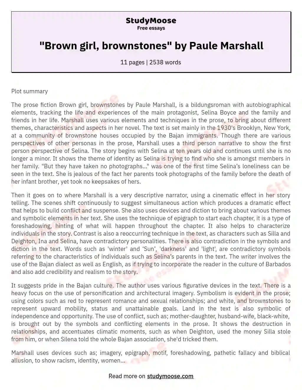 "Brown girl, brownstones" by Paule Marshall essay