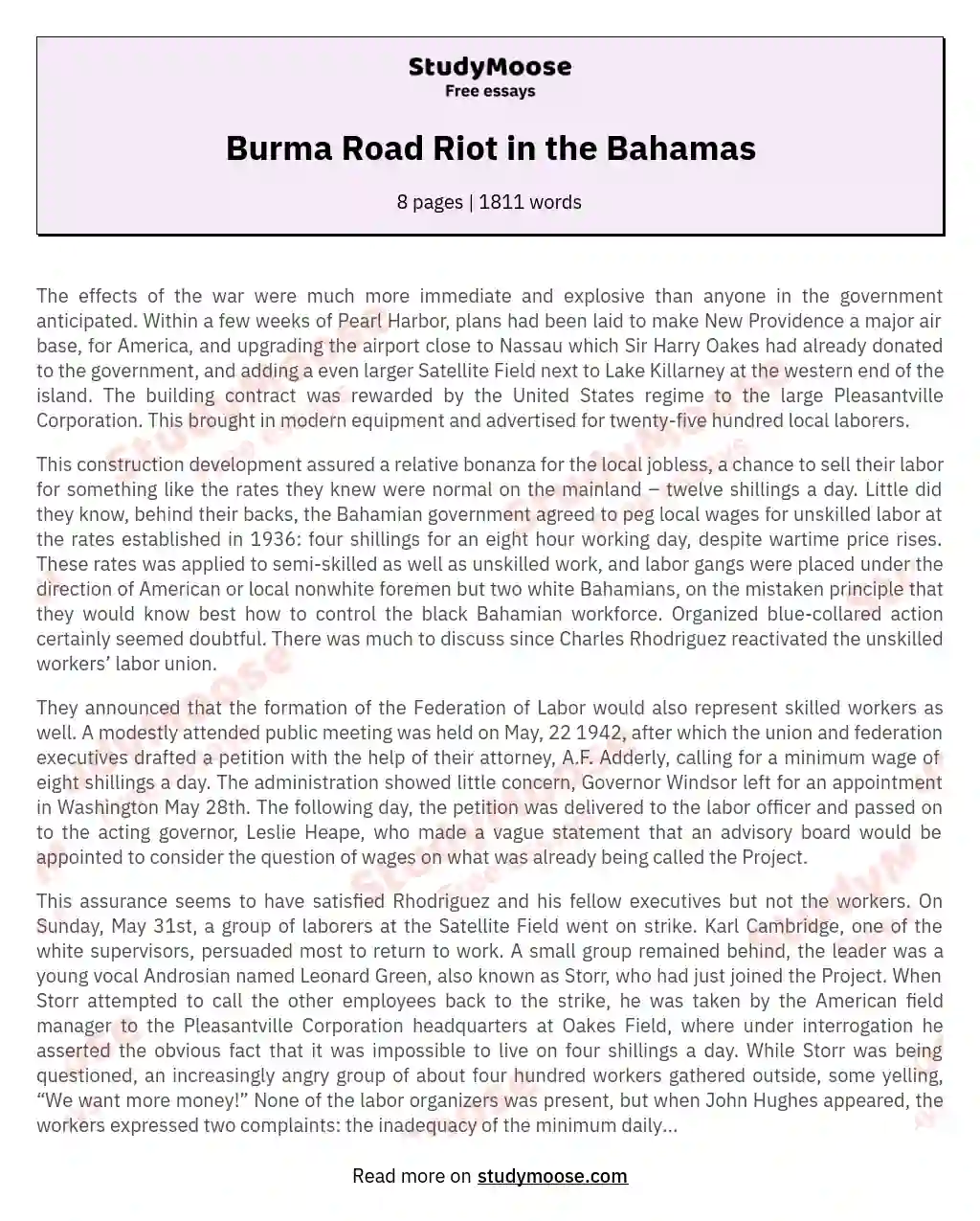 Burma Road Riot in the Bahamas essay
