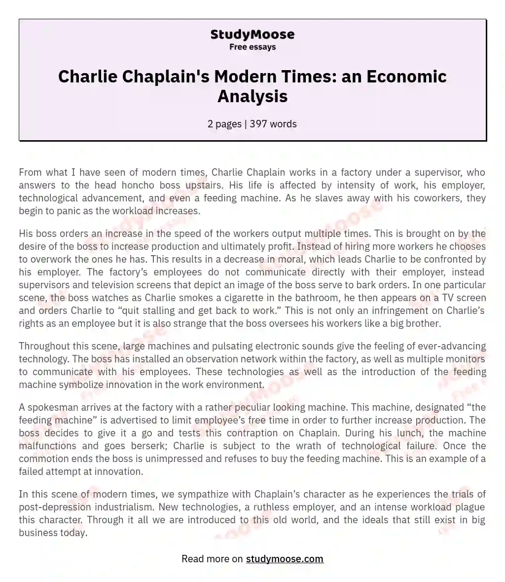 Charlie Chaplain's Modern Times: an Economic Analysis essay
