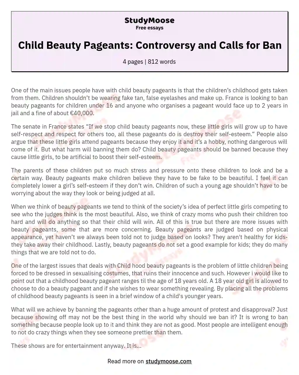 Child Beauty Pageants: Controversy and Calls for Ban essay