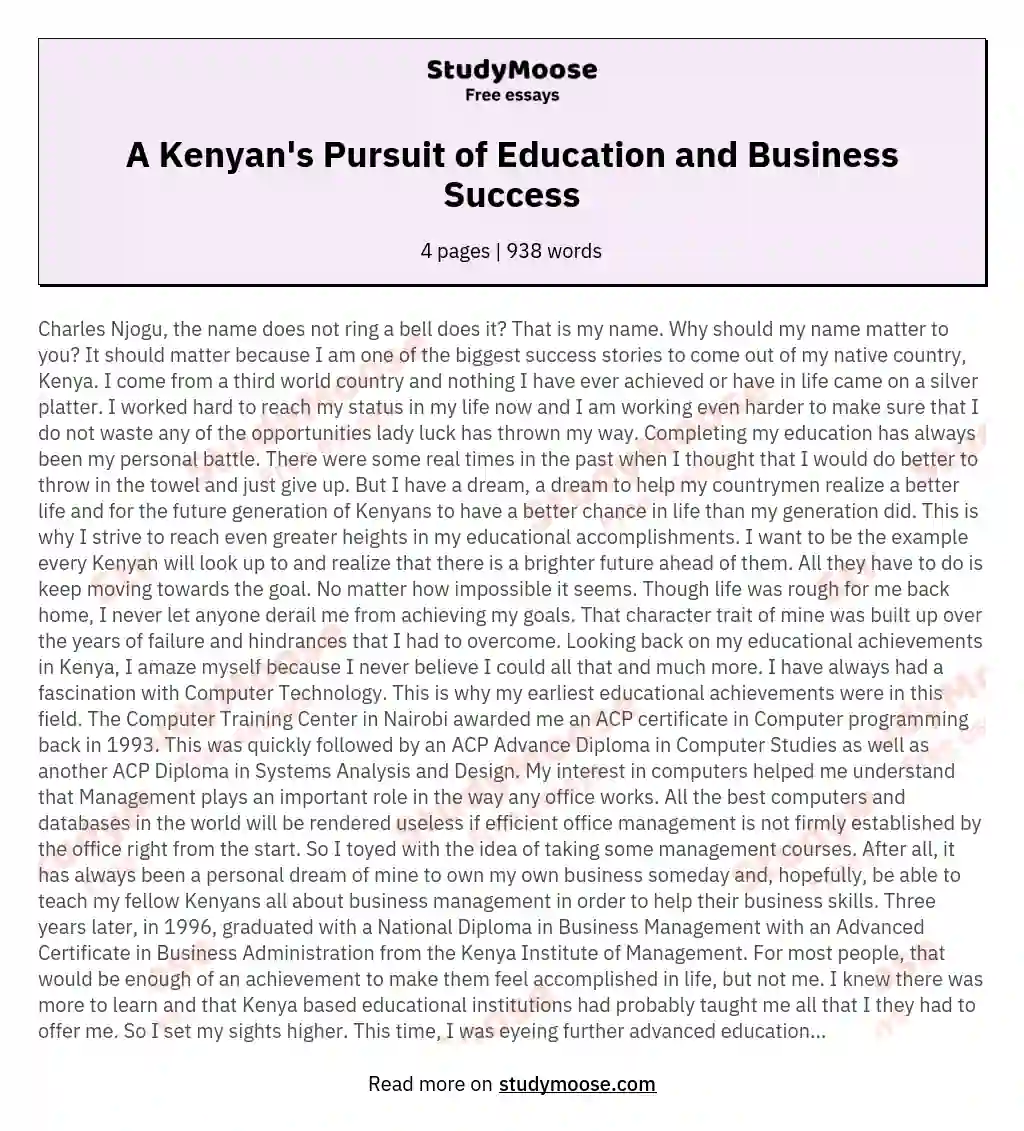 A Kenyan's Pursuit of Education and Business Success essay
