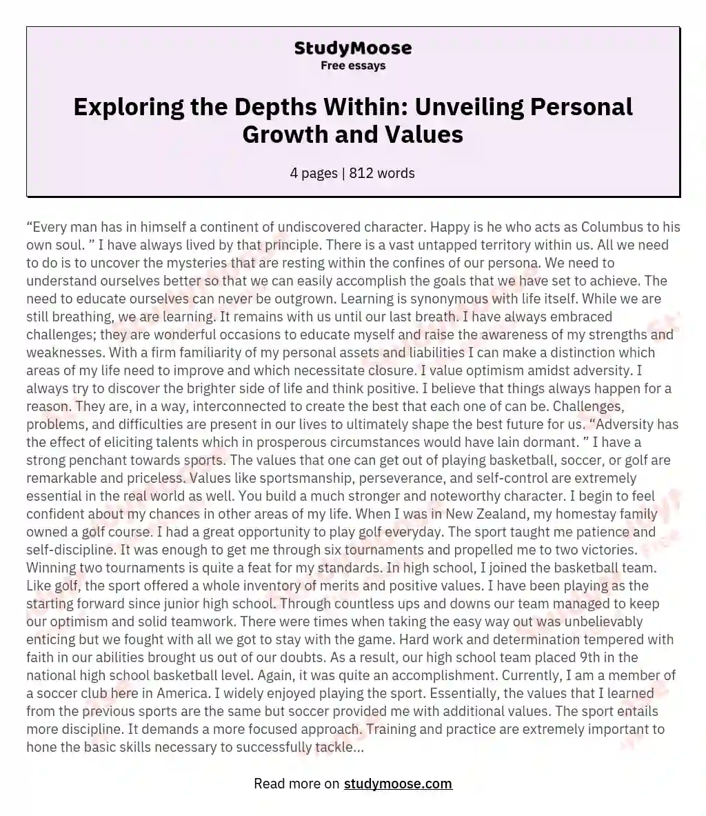 Exploring the Depths Within: Unveiling Personal Growth and Values essay