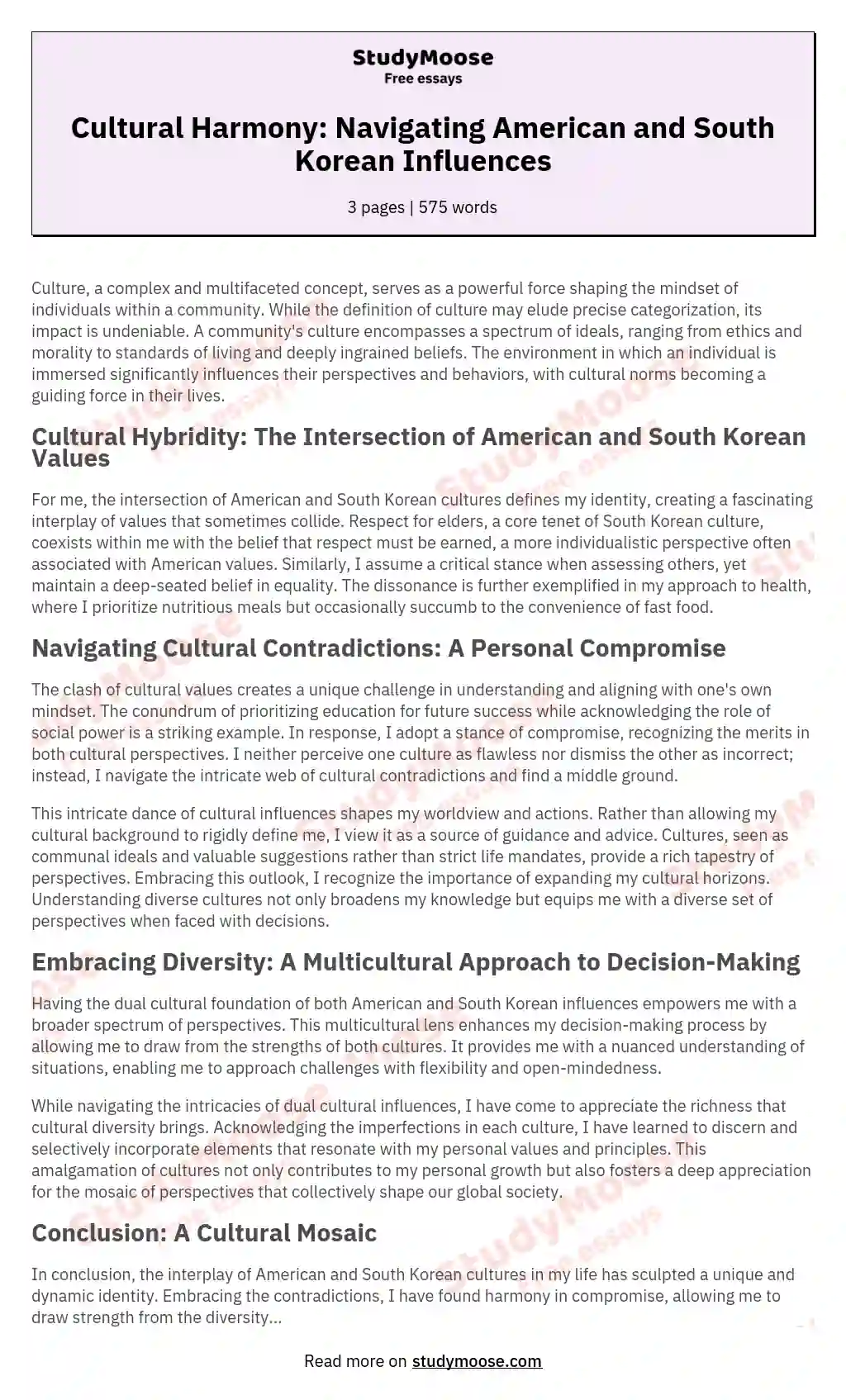 Cultural Harmony: Navigating American and South Korean Influences essay