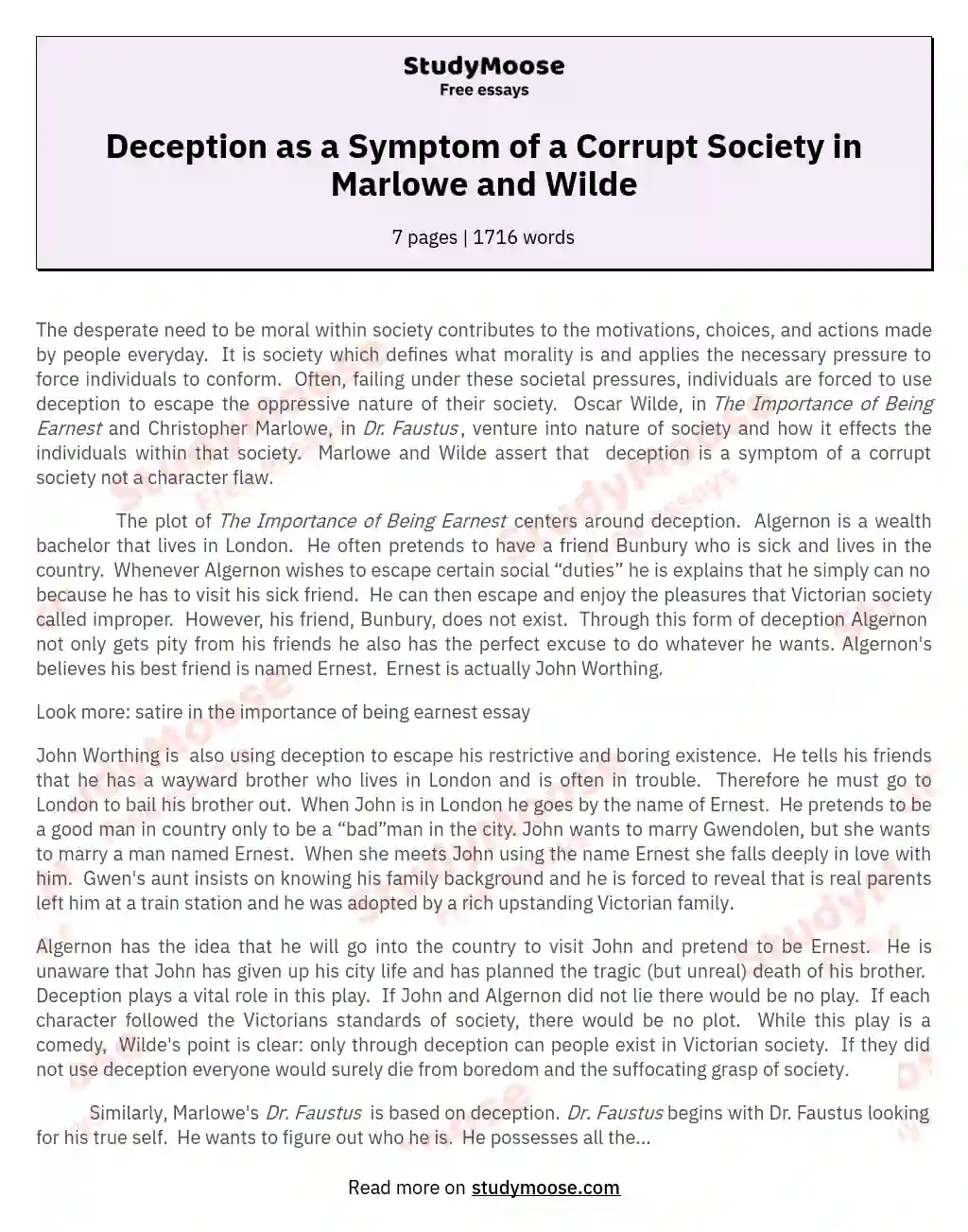 Deception as a Symptom of a Corrupt Society in Marlowe and Wilde