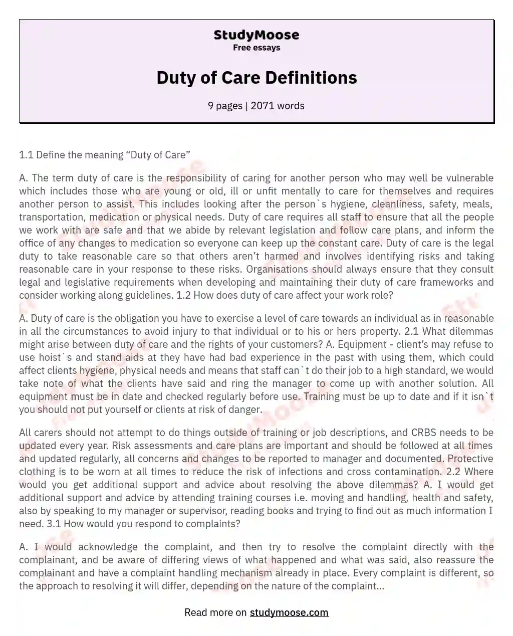 Duty of Care Definitions essay