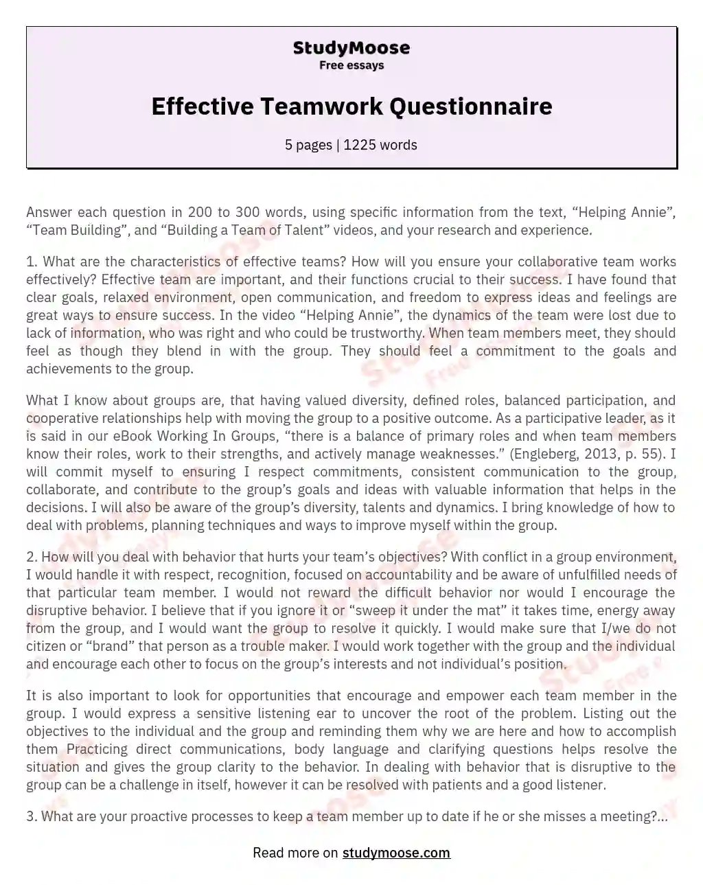Effective Teamwork Questionnaire
