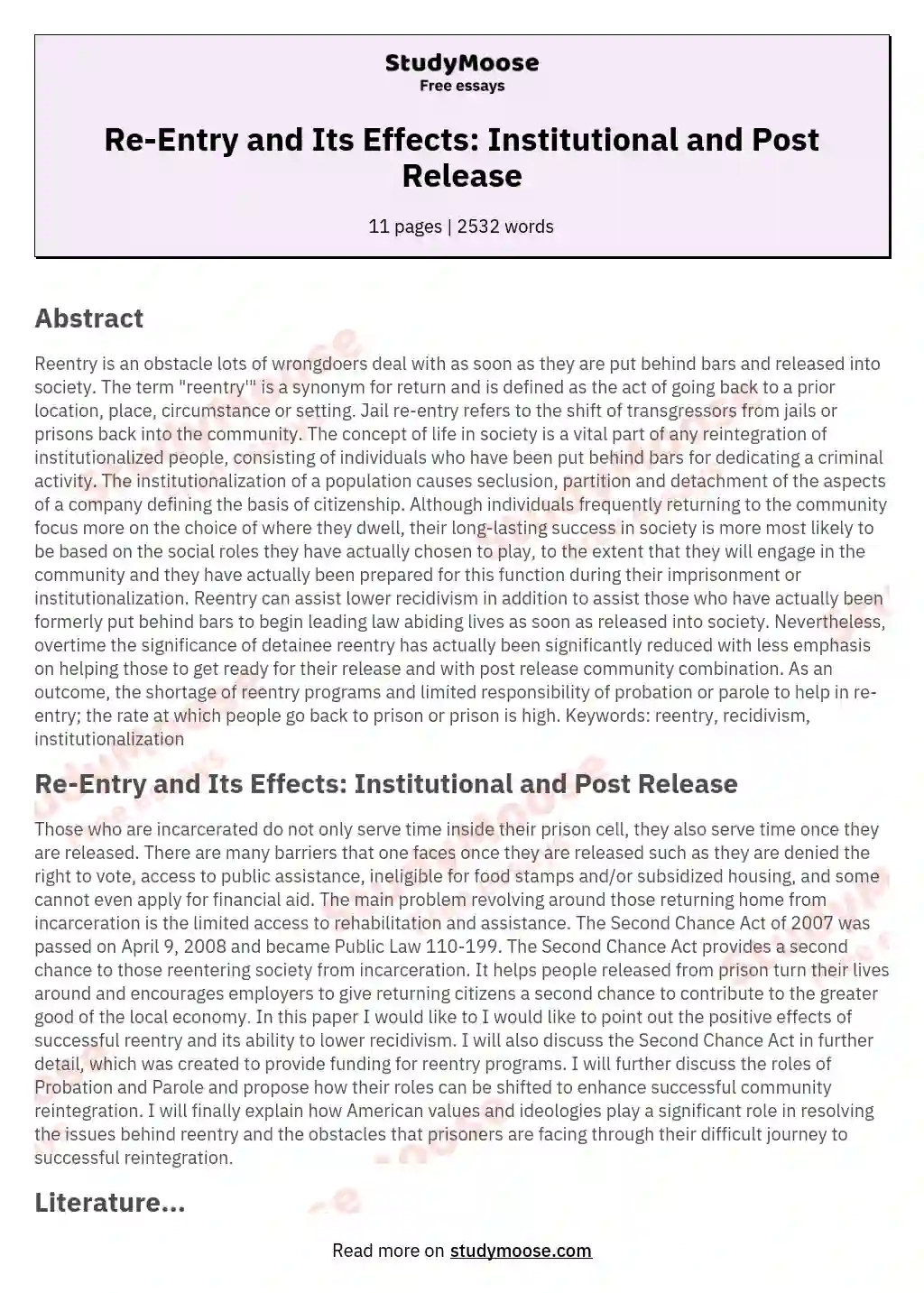 Re-Entry and Its Effects: Institutional and Post Release