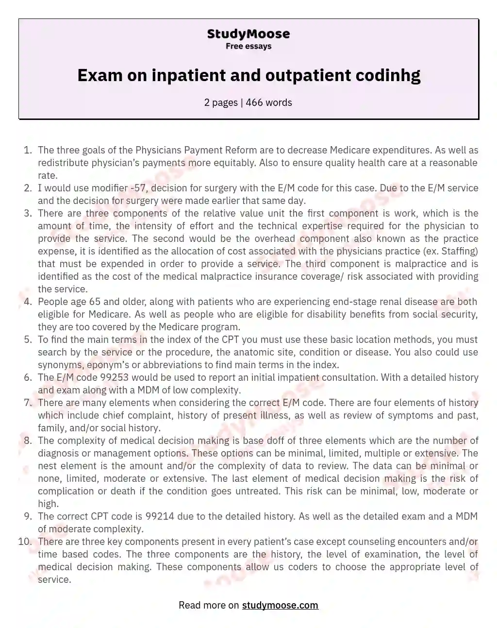 Exam on inpatient and outpatient codinhg essay