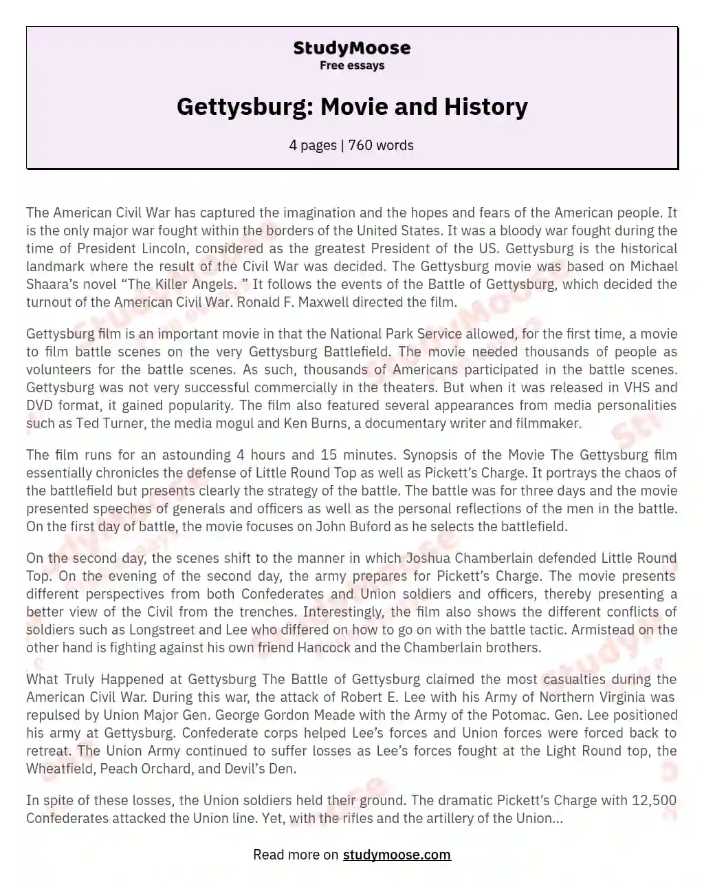 Gettysburg: Movie and History essay