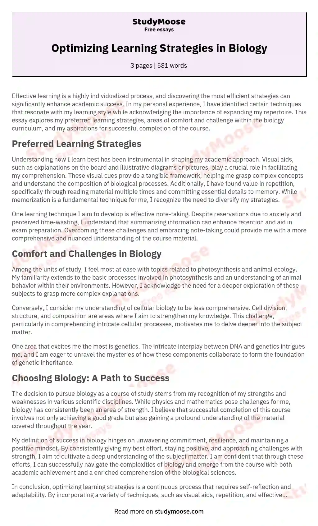 Optimizing Learning Strategies in Biology essay