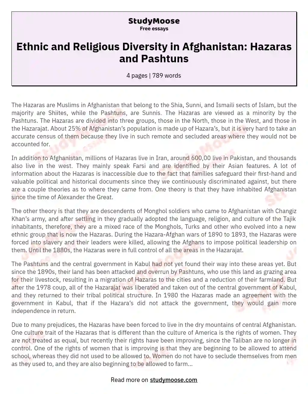 Ethnic and Religious Diversity in Afghanistan: Hazaras and Pashtuns essay