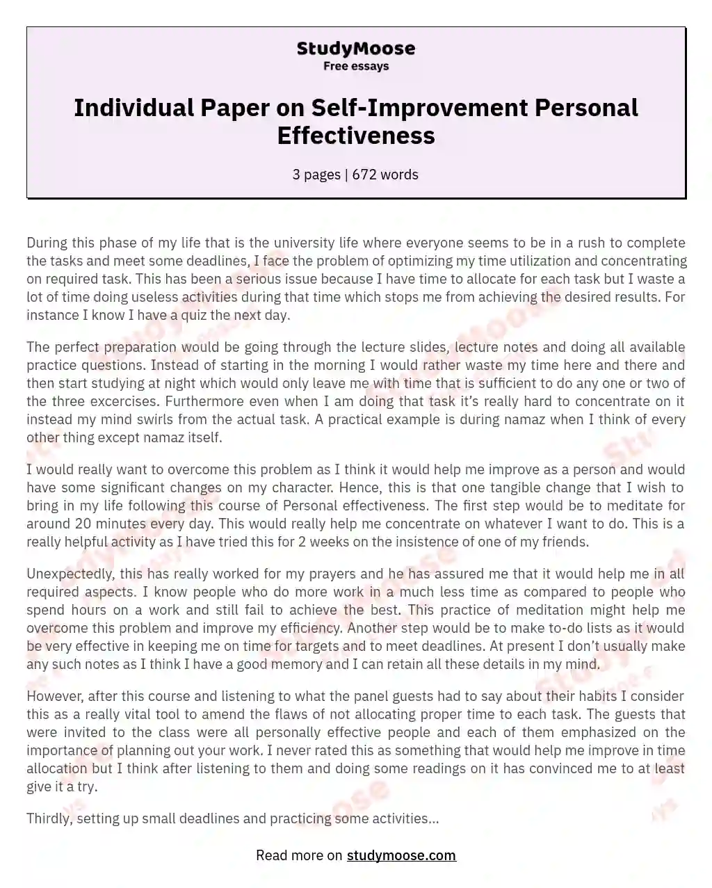 Individual Paper on Self-Improvement Personal Effectiveness essay