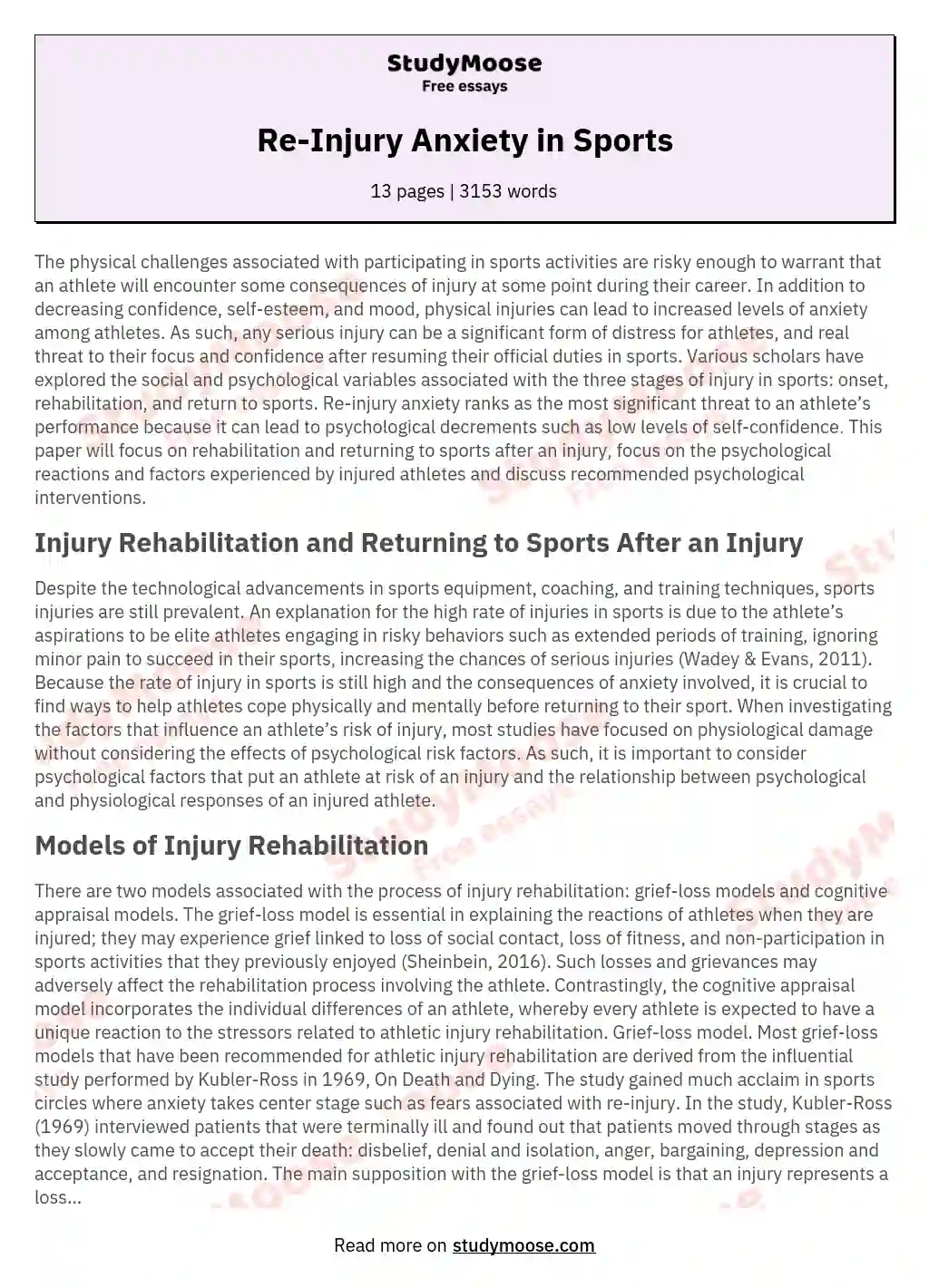 Re-Injury Anxiety in Sports essay