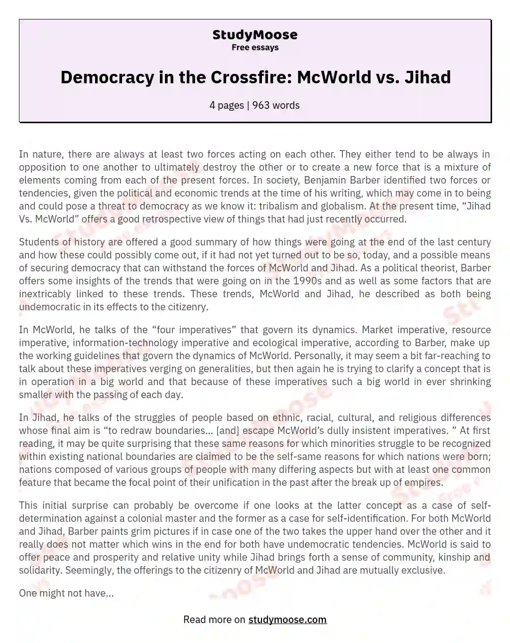 Democracy in the Crossfire: McWorld vs. Jihad essay