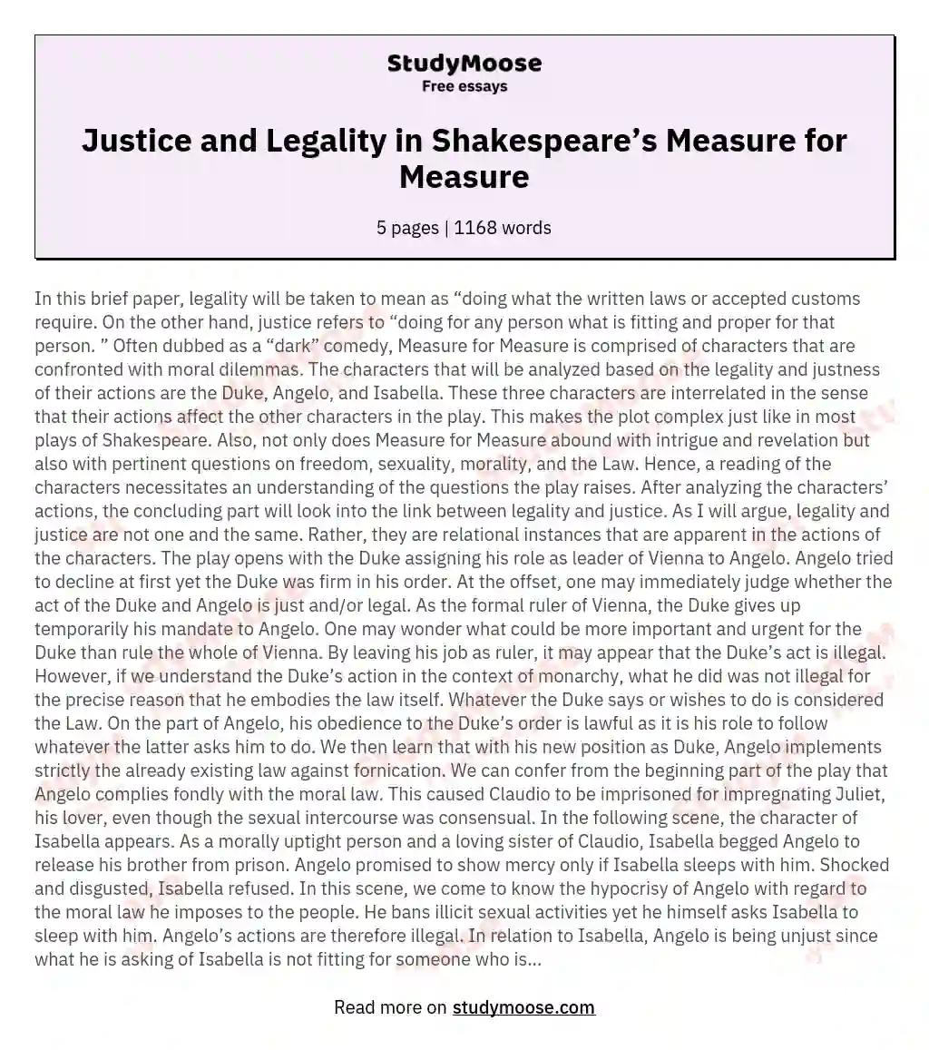 Justice and Legality in Shakespeare’s Measure for Measure