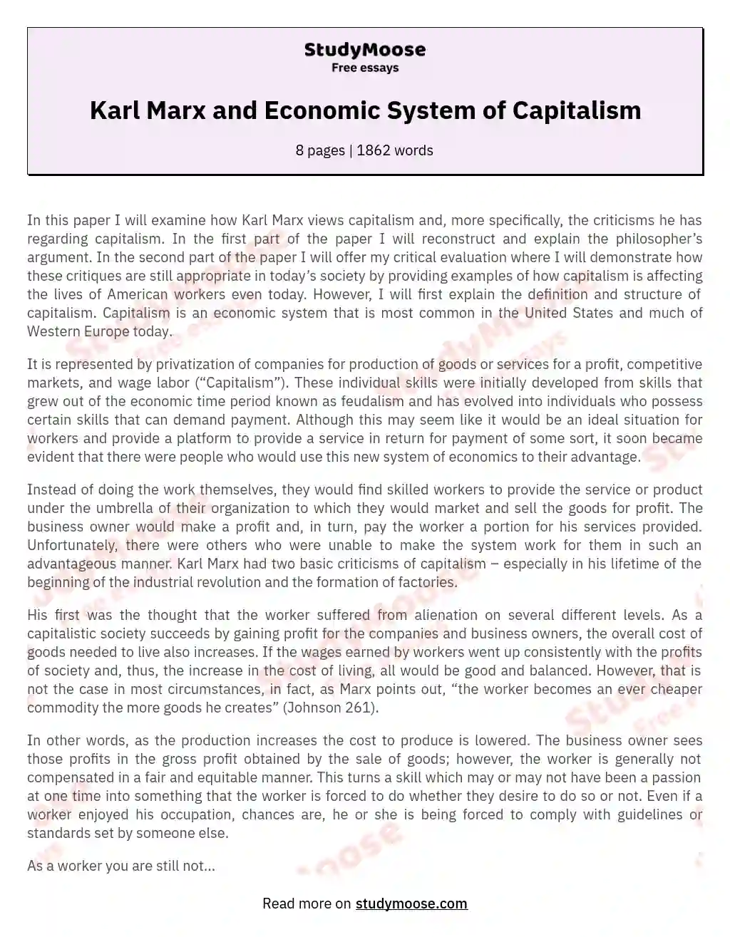 Karl Marx and Economic System of Capitalism essay