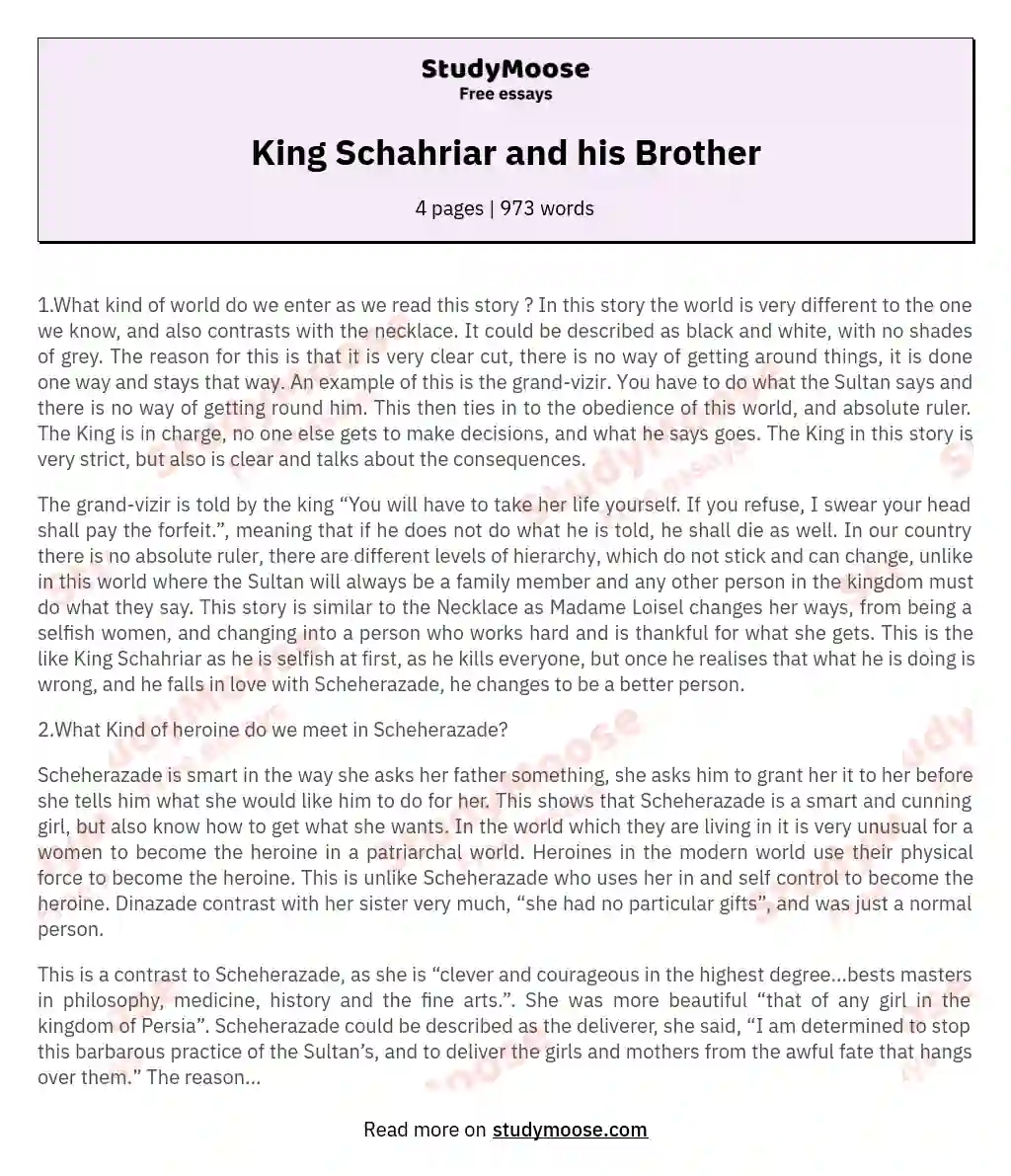 King Schahriar and his Brother essay