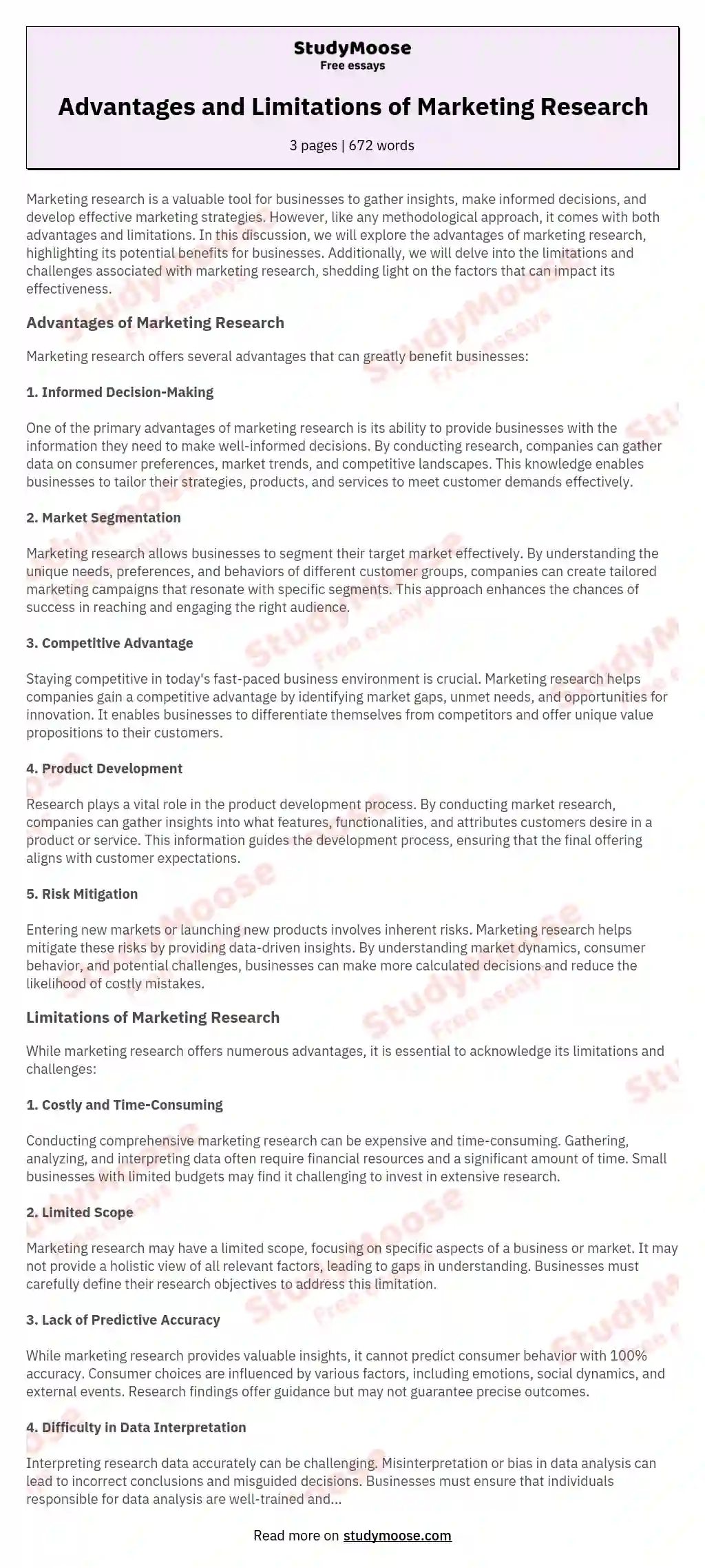 Advantages and Limitations of Marketing Research essay