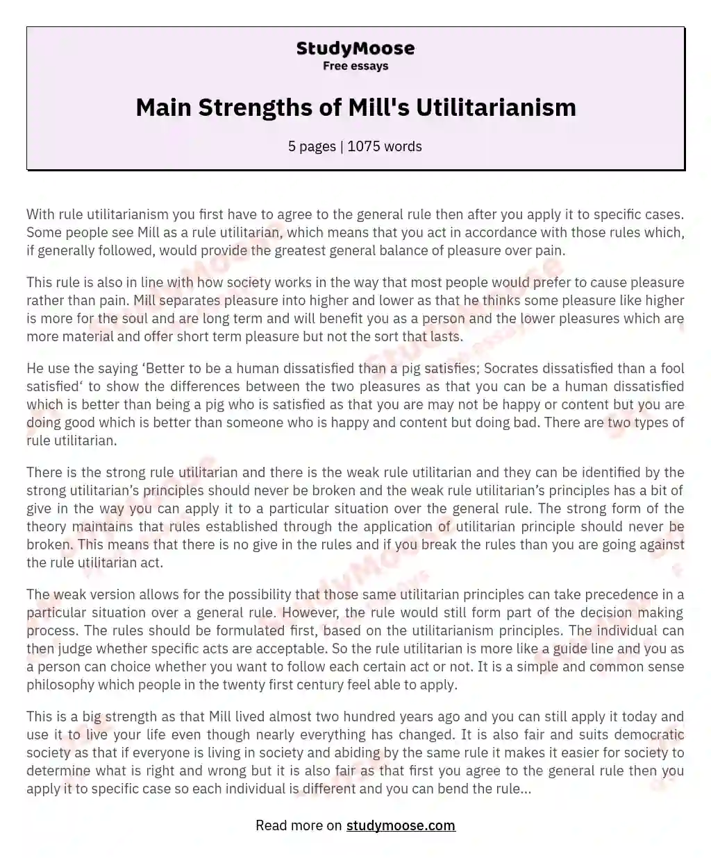 Main Strengths of Mill's Utilitarianism essay