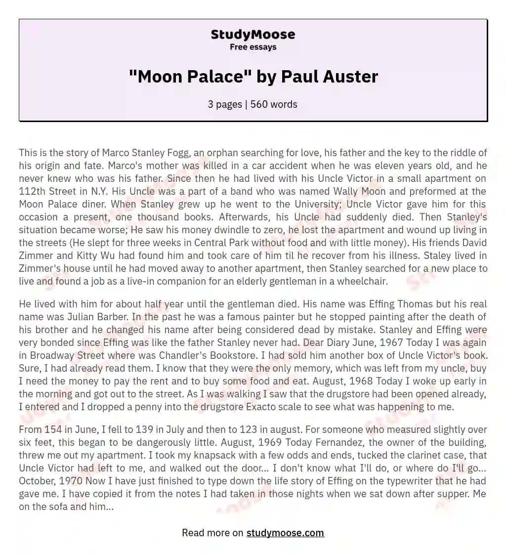 "Moon Palace" by Paul Auster essay