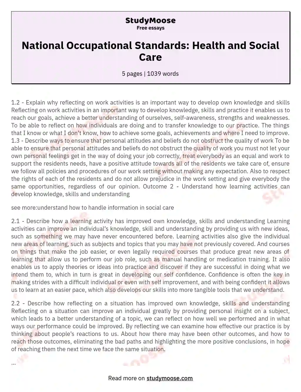 National Occupational Standards: Health and Social Care essay