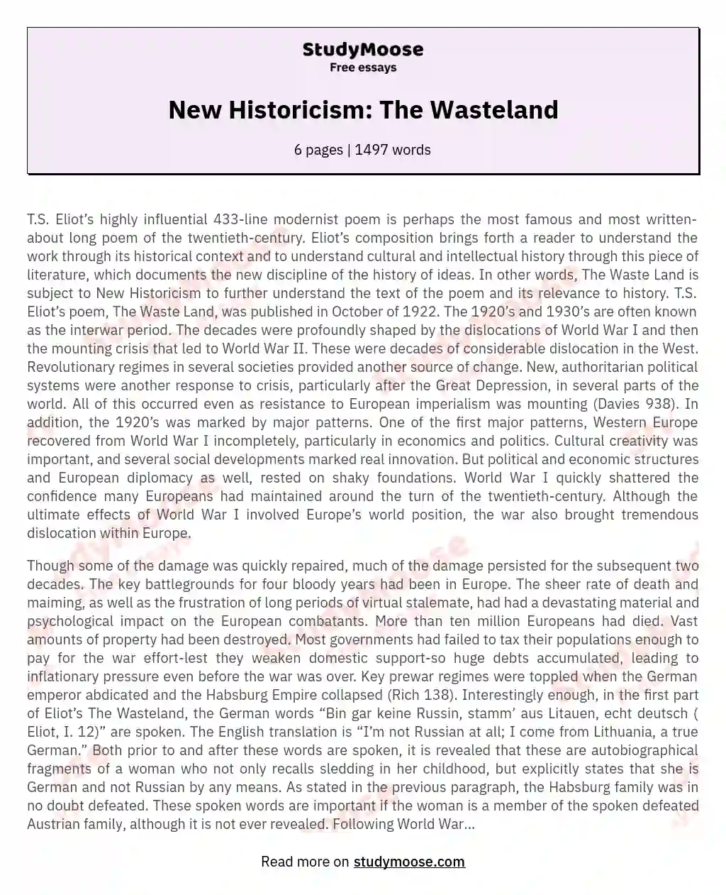 New Historicism: The Wasteland essay