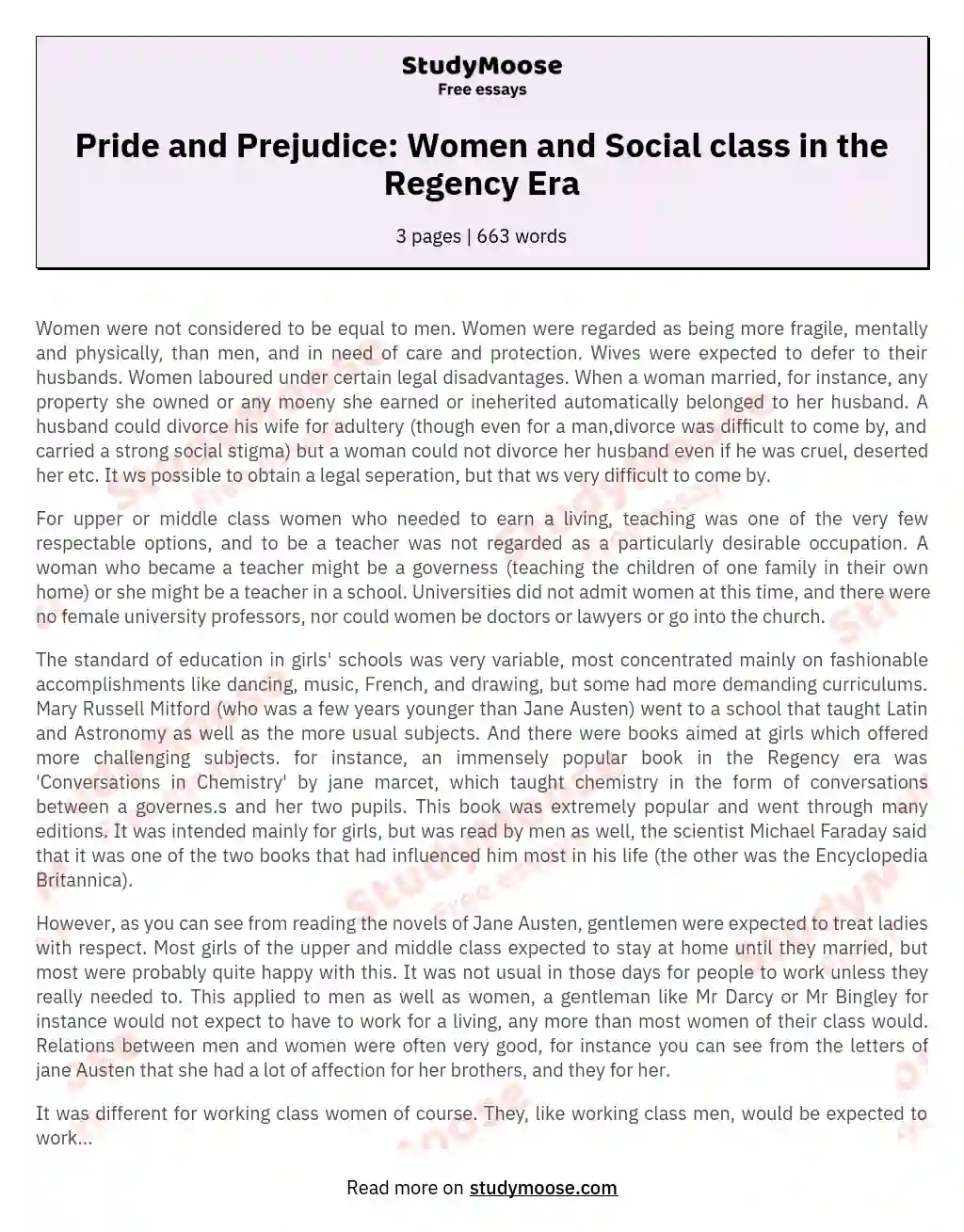 Pride and Prejudice: Women and Social class in the Regency Era