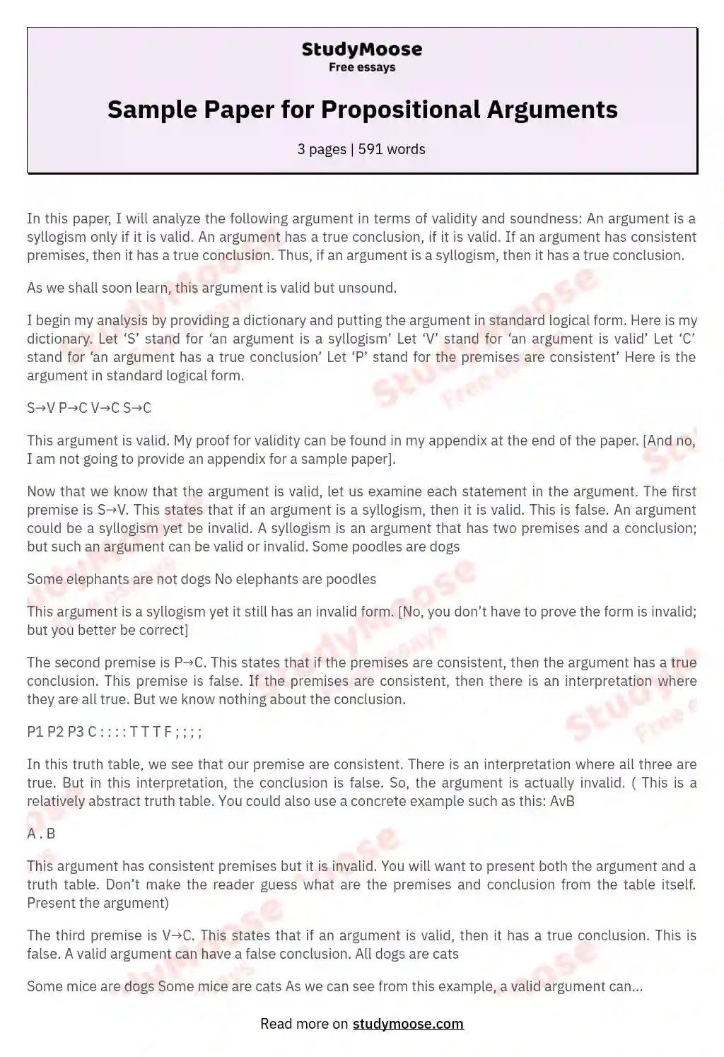 Sample Paper for Propositional Arguments