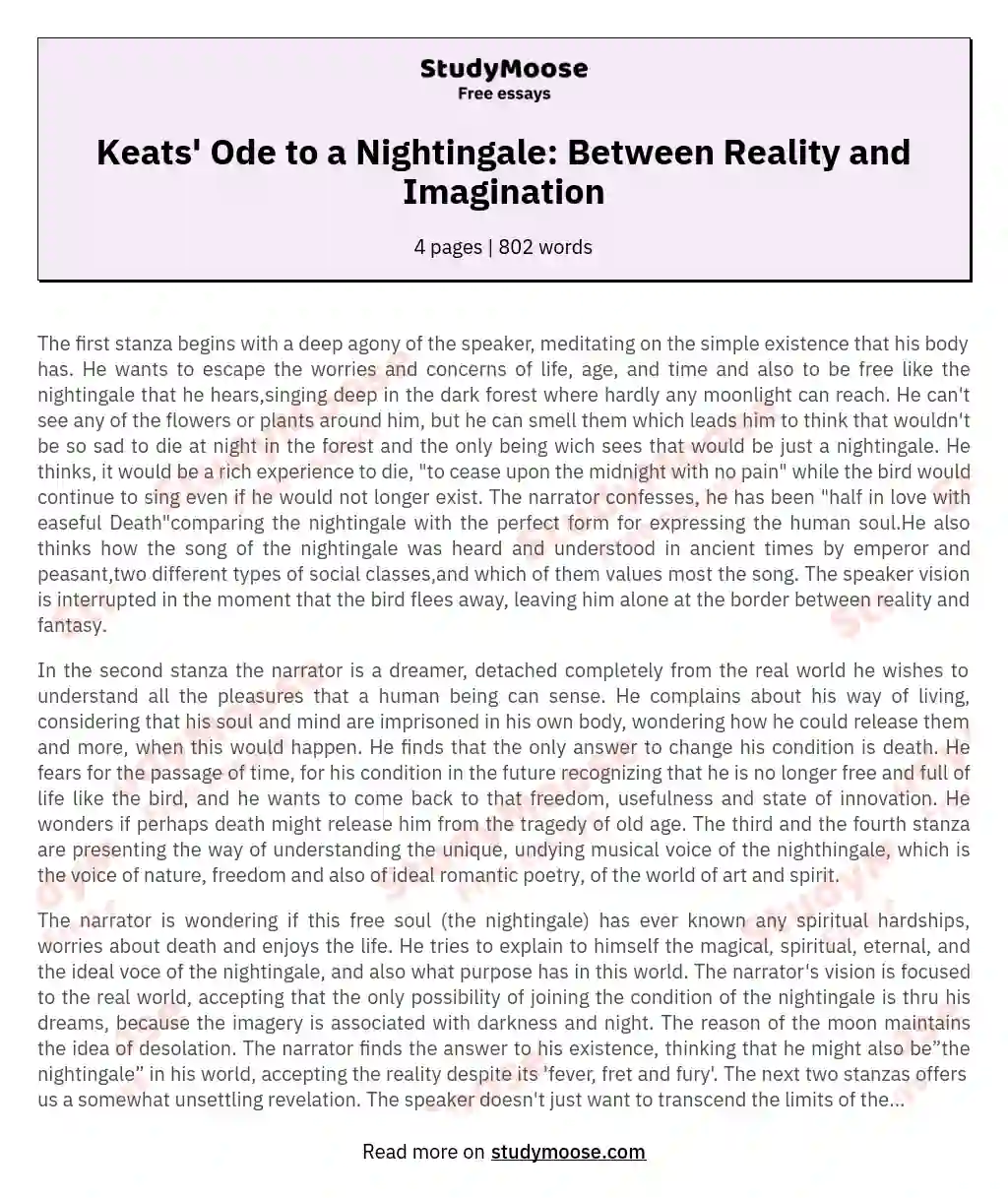 Keats' Ode to a Nightingale: Between Reality and Imagination essay