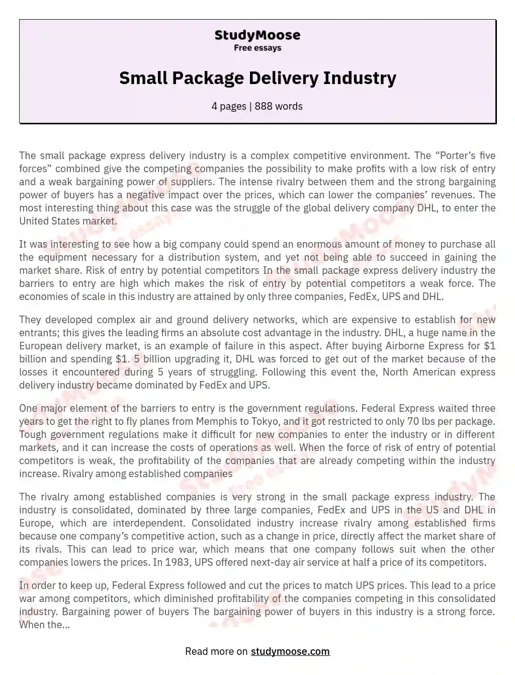 Small Package Delivery Industry essay